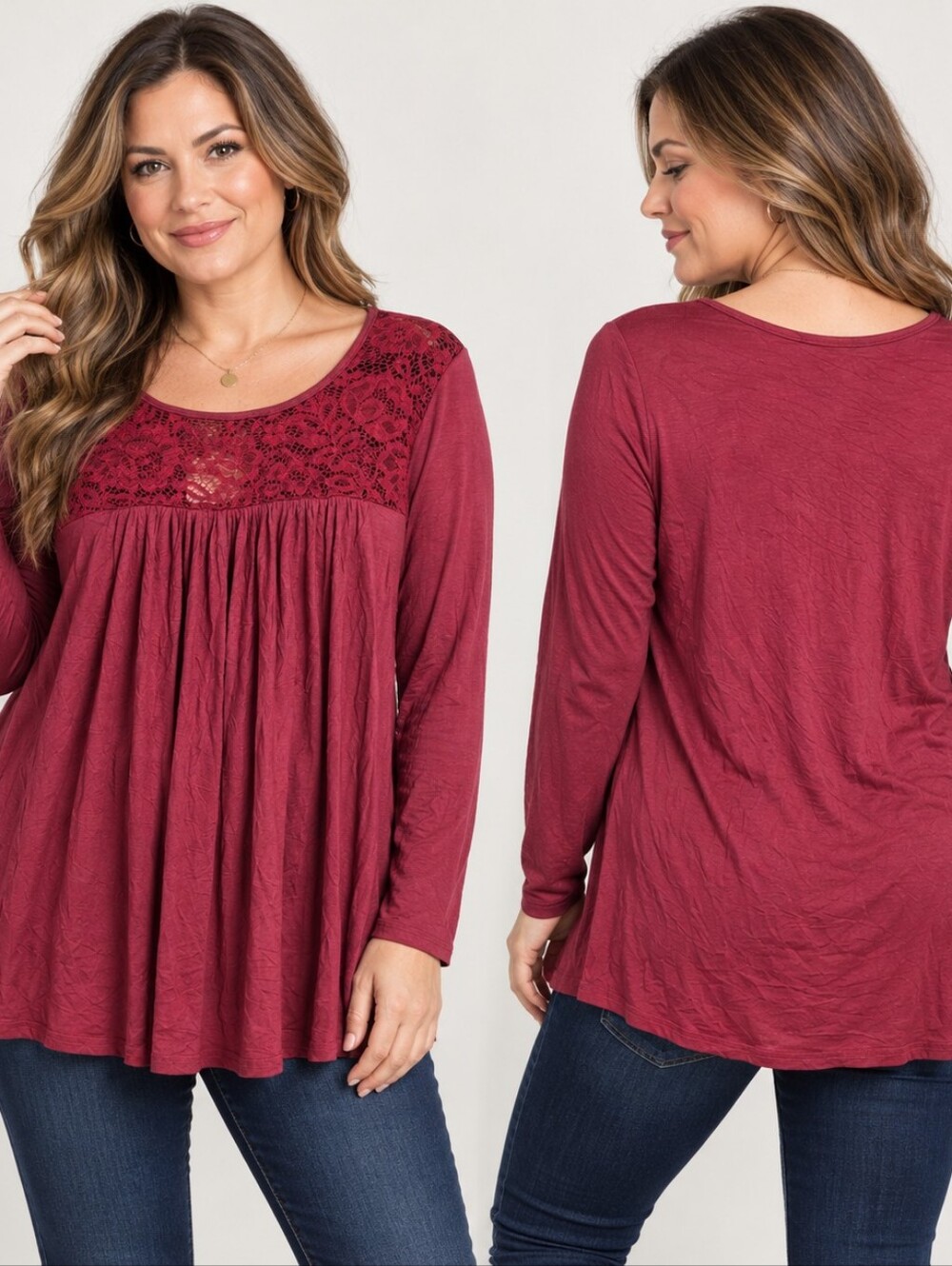 Women's Size L Burgundy Lace Babydoll Tunic Boho Romantic Cottagecore Top NWTW